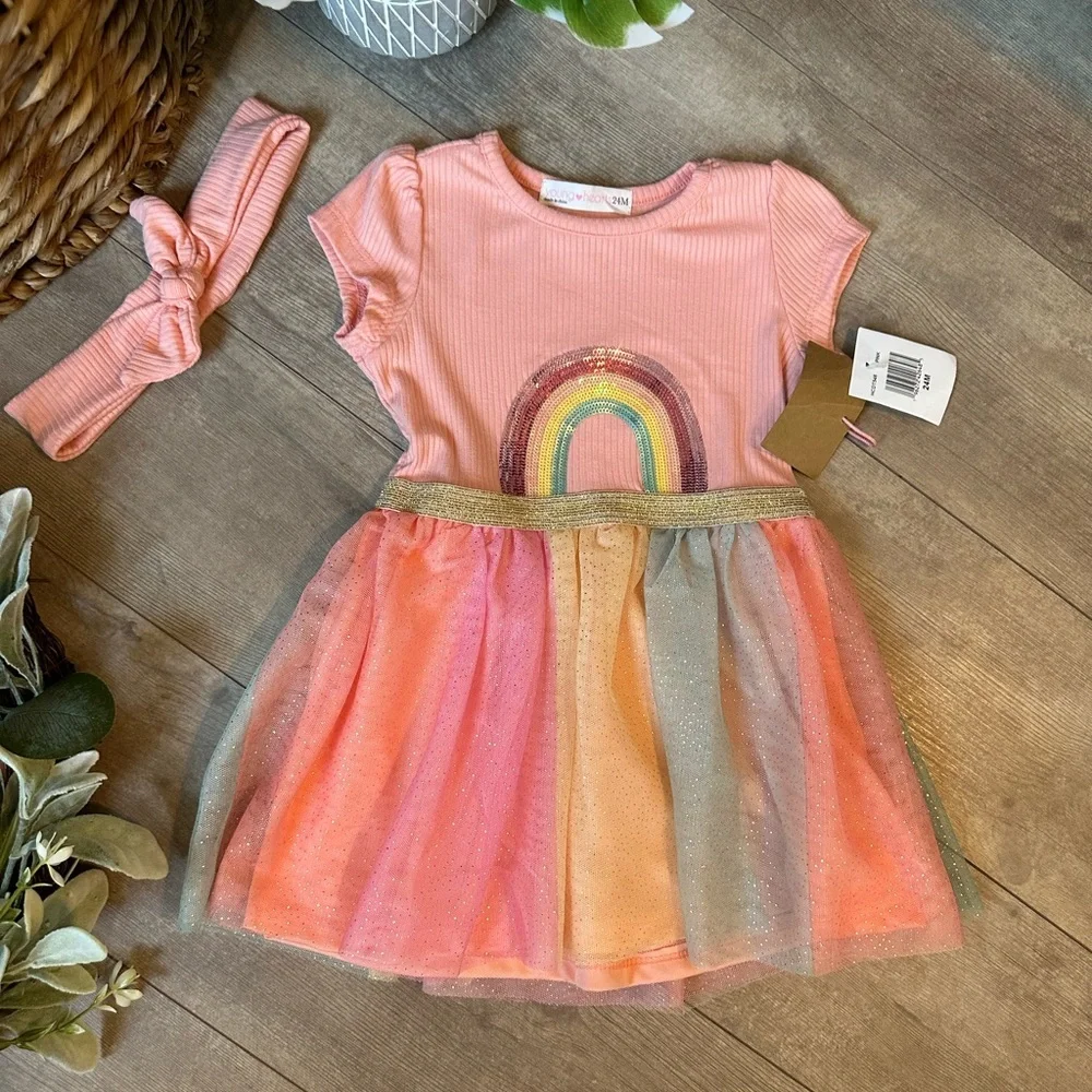 New Young Hearts Toddler Girl Pink Rainbow Tulle Twirl Dress & Hairband